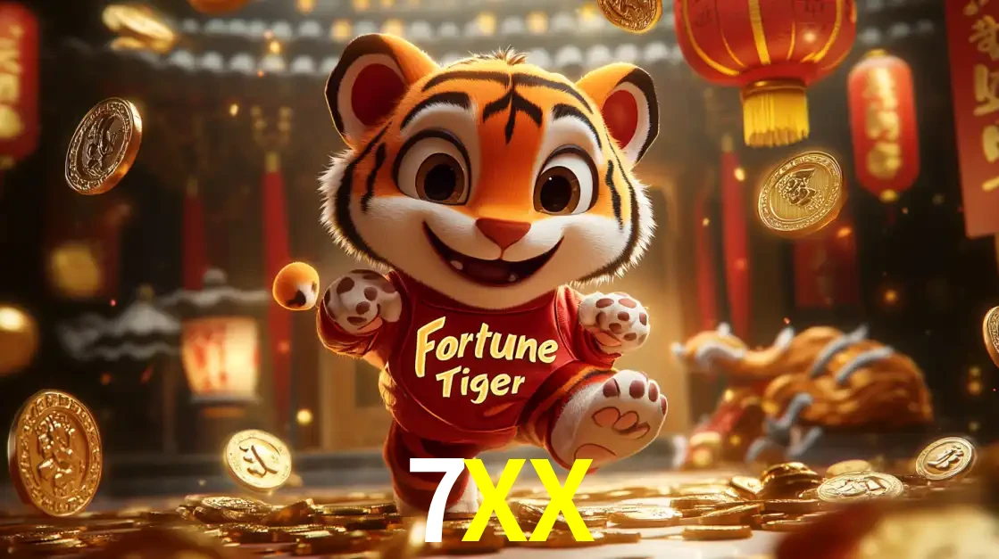 O alegre personagem do Fortune Tiger correndo sobre um caminho de moedas de ouro, simbolizando os grandes prêmios e a diversão do popular jogo de slot do 7XX.