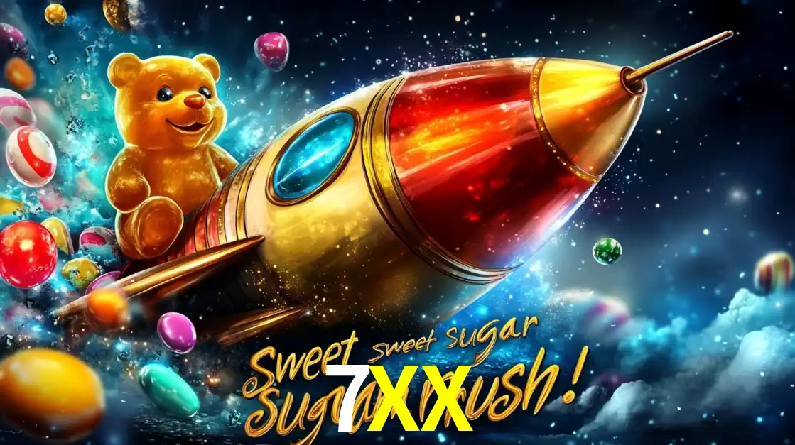 Arte promocional do jogo de slot Sugar Rush, com um urso de pelúcia em um foguete viajando pelo espaço de doces, um dos jogos divertidos disponíveis no cassino 7XX.