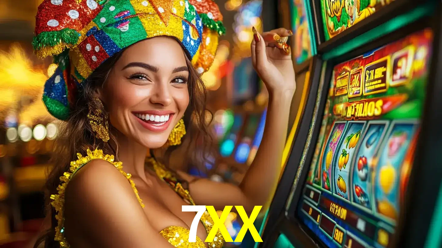 Mulher feliz com traje de carnaval amarelo e colorido ao lado de uma máquina de caça-níqueis, aproveitando a diversão e os jogos temáticos do cassino 7XX.